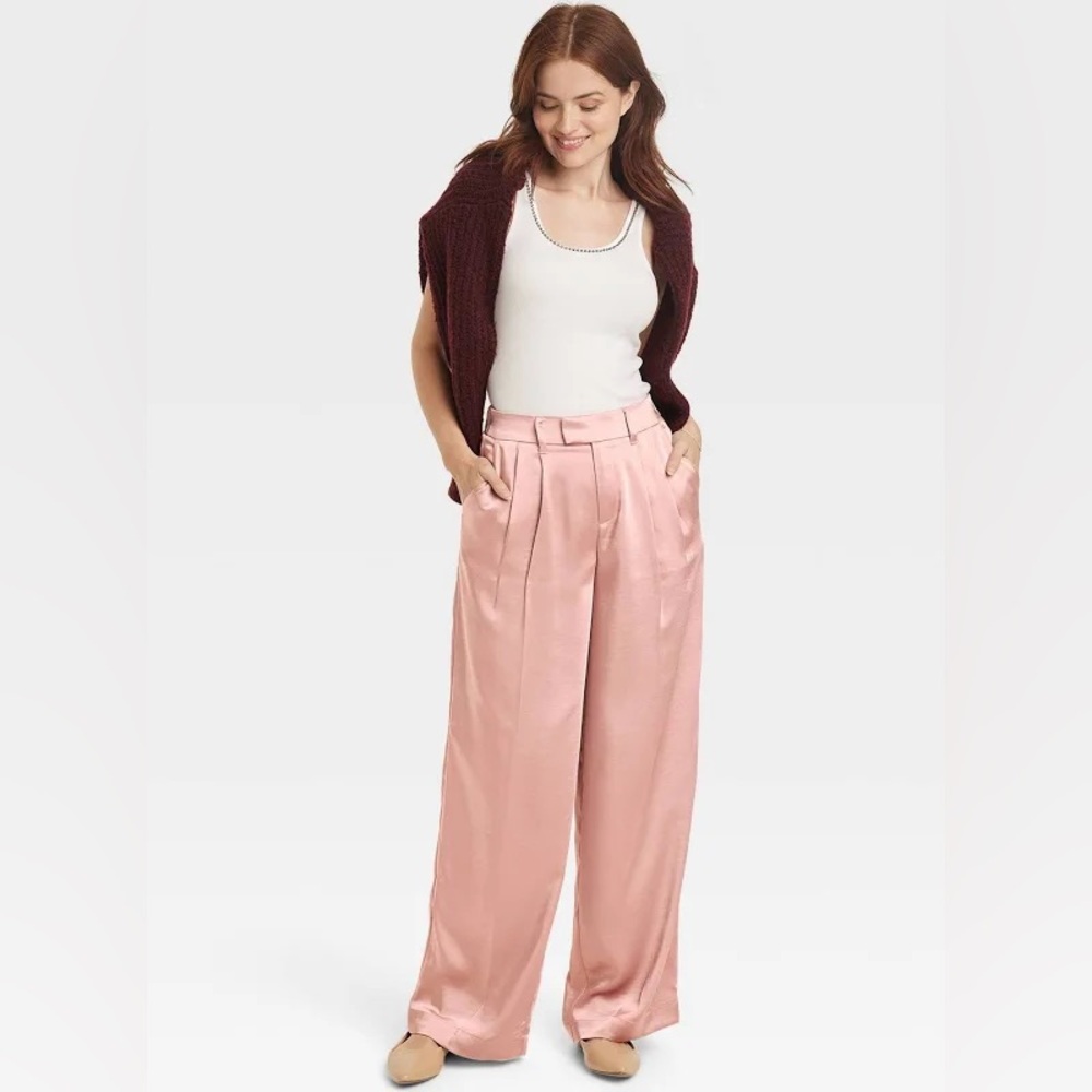 High rise wide leg satin dusty pink pants